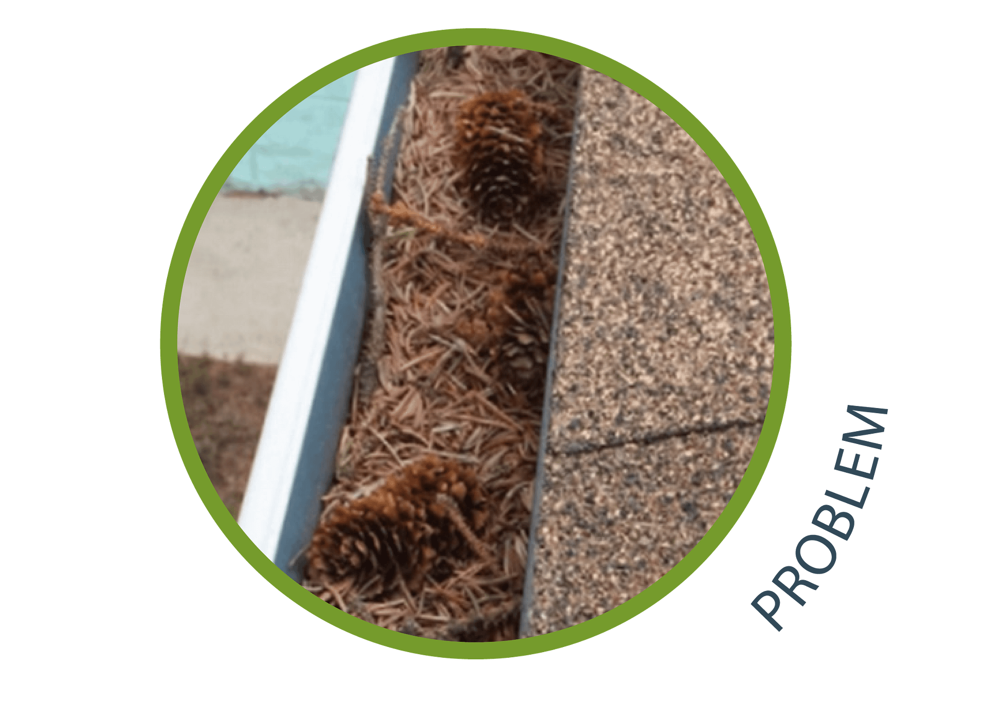 Pinecones and needles accumulating in a gutter without a gutter guard from Home Service Solutions
