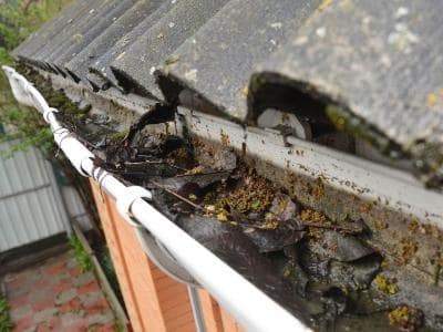 A clogged gutter in a home in Southwestern Ontario before being professionally cleaned